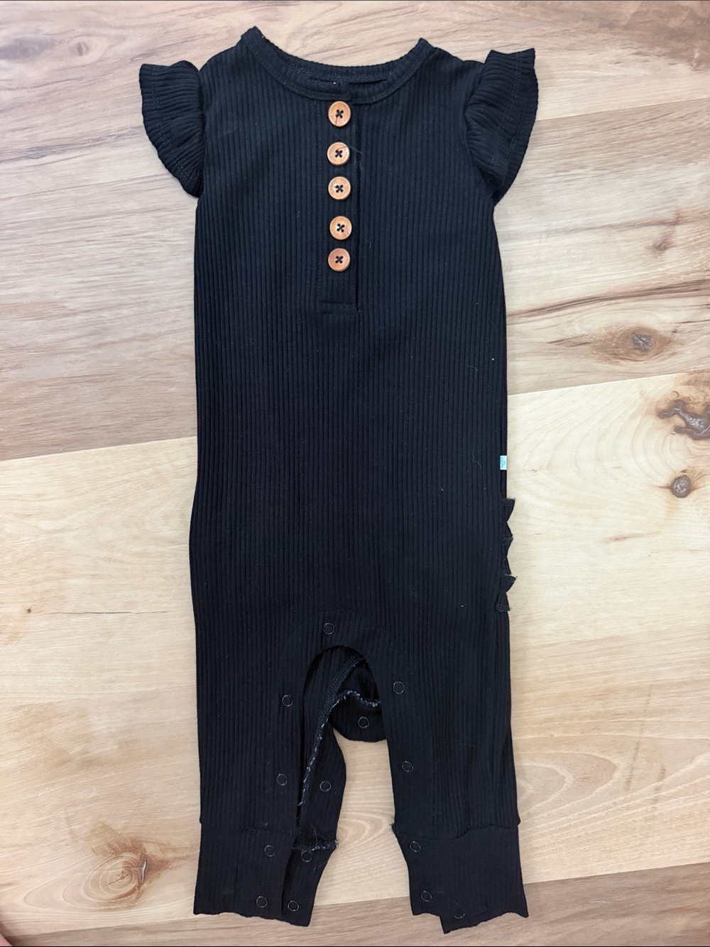 Posh Peanut Black Ribbed Romper with Wooden Button Detail 18-24mo